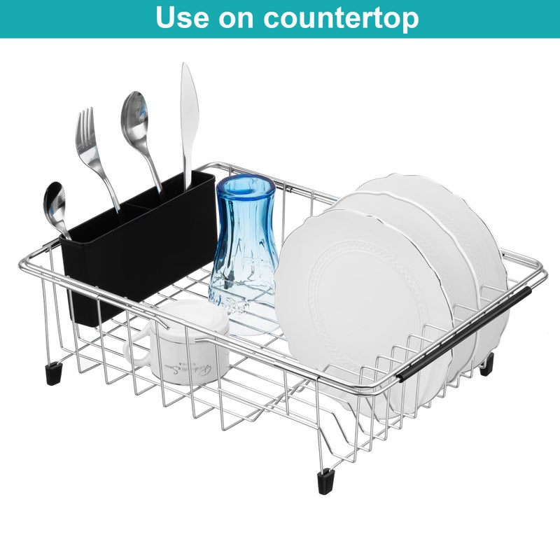 iPEGTOP Expandable Multifunctional Dish Drying Rack, Over The Sink, in Sink Or On Counter Dish Drainer Basket Shelf with Black Utensil Silverware Holder, Rustproof Stainless Organizer - Image 3